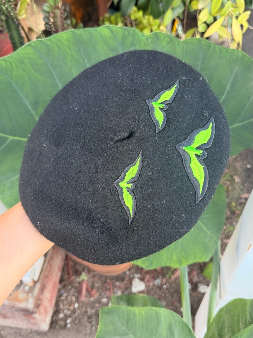 Hot Topic Black Beret with Neon Green Bat Tag